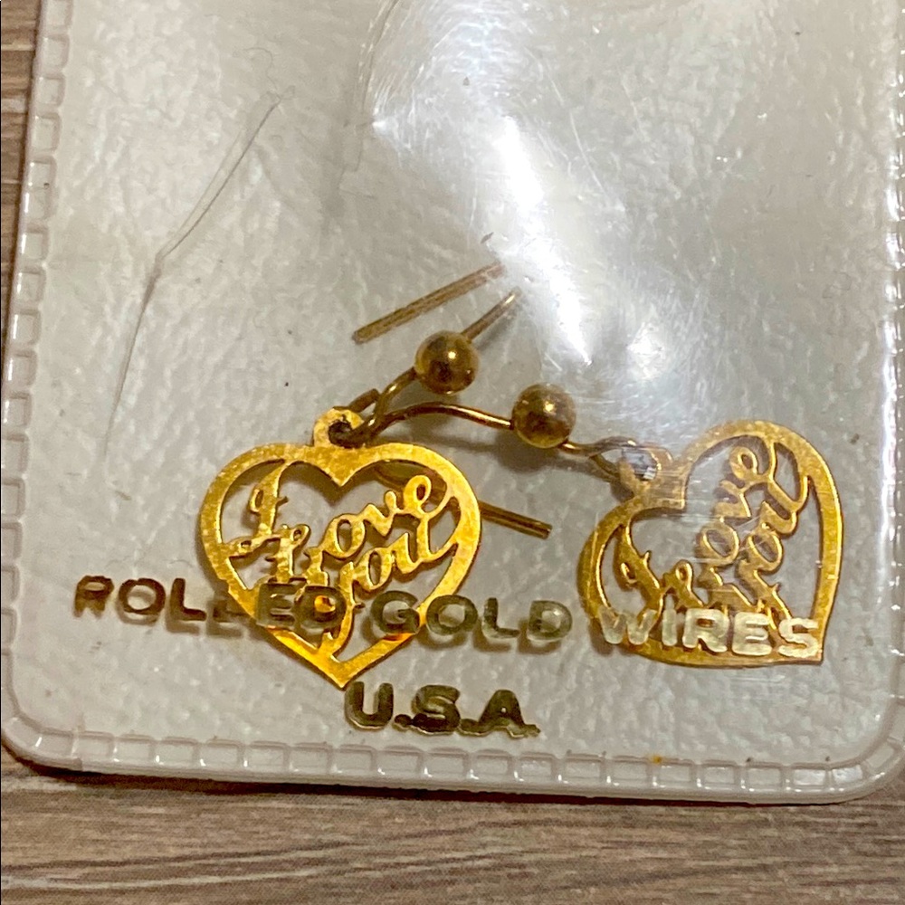 Vintage Rolled Gold Wired Gold Heart “I Love You” Earrings